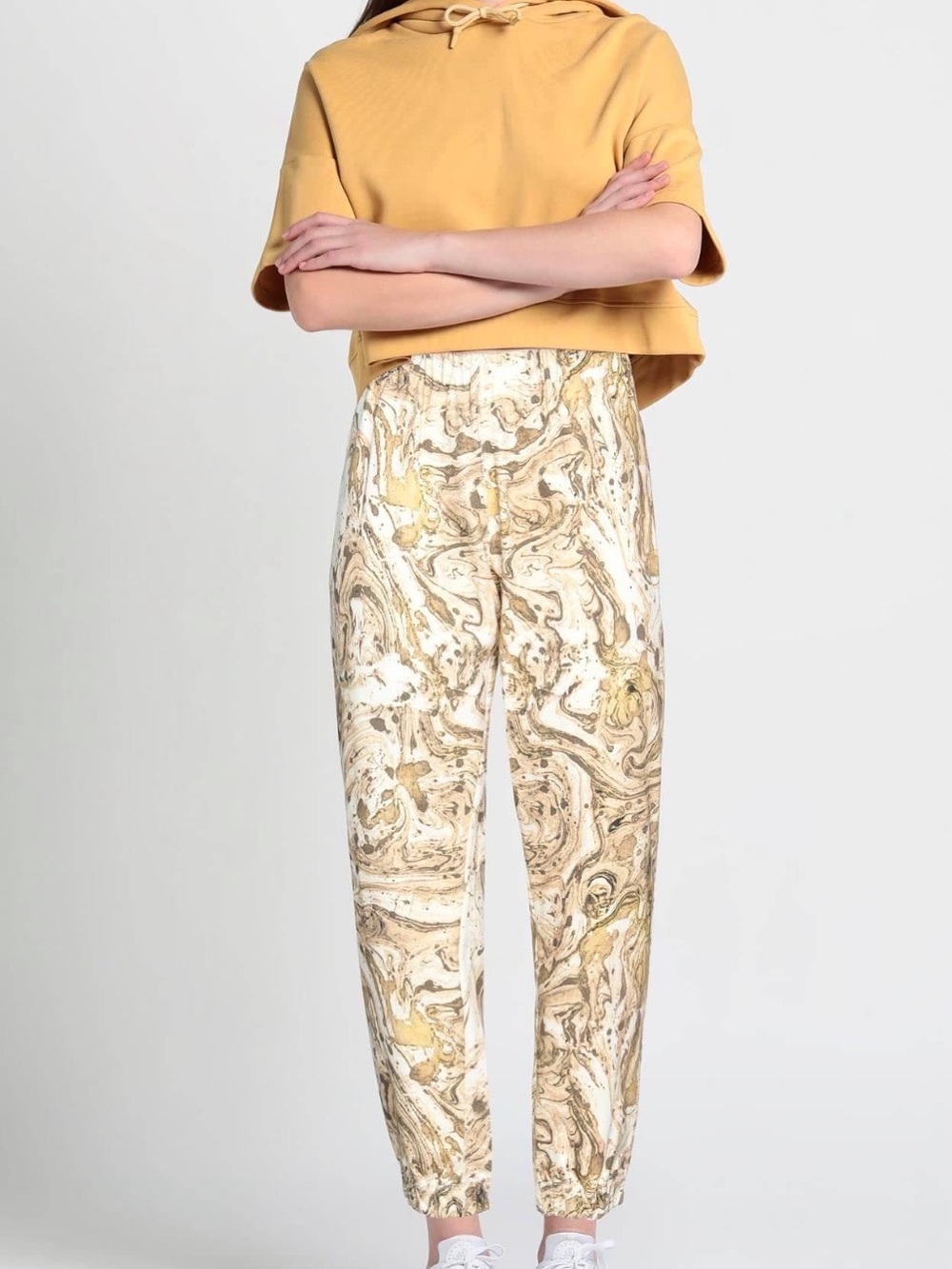BASSIKE BEIGE MARBLE PRINT CASUAL TIE WAIST PANTS - Picture 4 of 4